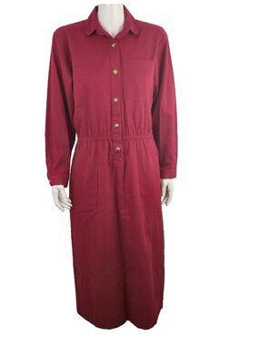 Vintage Lands End Red Shirtwaist Dress Midi Long Sleeve 1/2 Button Placket